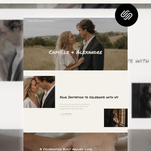 Pode incluir: Um modelo de convite de casamento digital com uma fotografia de um casal num campo, com o texto Camille + Alexandre, Your Invitation to Celebrate with Us e A Celebration Built Around Love exibido numa fonte branca estilo manuscrito.
