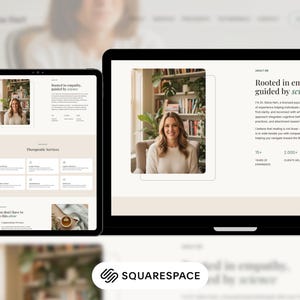 Puede incluir: Diseño web mostrado en una tableta y un portátil. El sitio web presenta una foto de una mujer, el texto "Rooted in empathy, guided by science" y un logotipo de Squarespace. El diseño tiene una paleta de colores neutros con enfoque en la legibilidad.