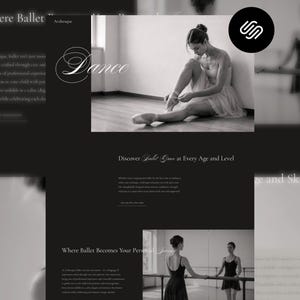 Può includere: Un layout di sito web in bianco e nero per uno studio di danza classica con intestazioni di testo come Where Ballet, Dance e Discover Ballet Grace at Every Age and Level, insieme a foto di ballerini in uno studio con specchi e sbarre.