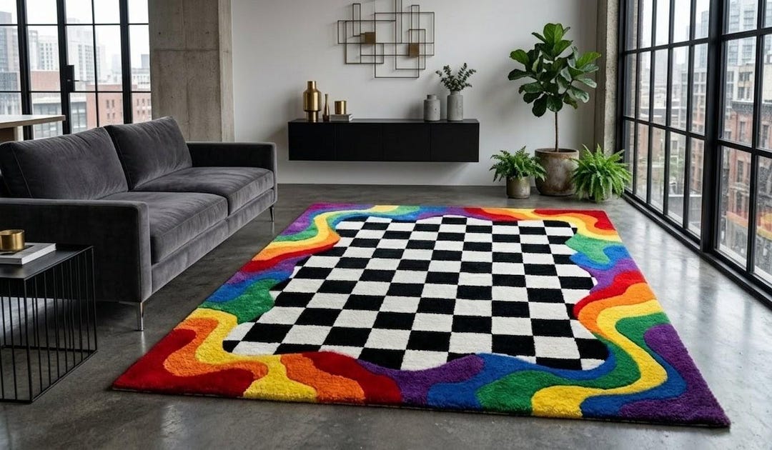 Faded Checkerboard Rug Rainbow Checkerboard Rug, Colorful Wavy Border Carpet,black White ...