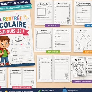 Peut inclure: Un cahier d'activités à spirales intitulé La Rentrée Scolaire Qui Suis-Je avec un personnage d'élève en couverture. Ce livre de 30 pages propose des fiches en noir et blanc pour enfants, incluant des sections sur l'identité, la famille et les objectifs.