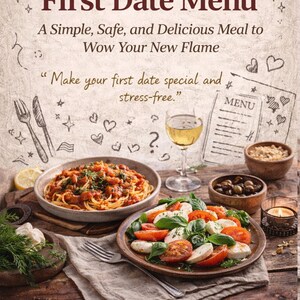 Può includere: Un menu italiano per un primo appuntamento con pasta, insalata e vino. L'immagine presenta un menu con la scritta "Make your first date special and stress-free." Il menu è pensato per essere economico.