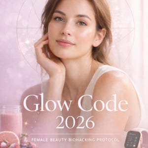 Può includere: Immagine promozionale per "Glow Code 2026" con una donna con i capelli castano chiaro. L'immagine include un frullato rosa, frutta, integratori e uno smartwatch. Il testo recita "FEMALE BEAUTY BIOHACKING PROTOCOL" e "WRITTEN AND CURATED BY Doctor Bruno Salsiccia."