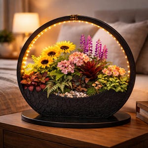 May include: A decorative, illuminated floral arrangement in a black, circular frame. The arrangement features sunflowers, pink and purple flowers, and various greenery. The frame has a textured surface and is lit with small, warm-toned lights.