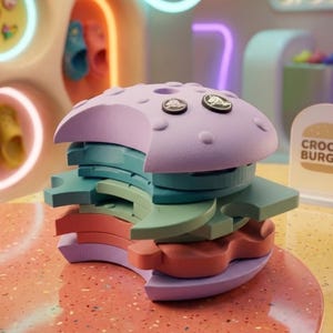 Op de afbeelding: Een stapel van schuimachtige, burger-vormige onderdelen in tinten lavendel, taling, saliegroen en koraal. Het bovenste lavendelkleurige stuk heeft twee ronde zwart-witte bedels. De structuur is gelaagd om op een hamburger met segmenten te lijken.