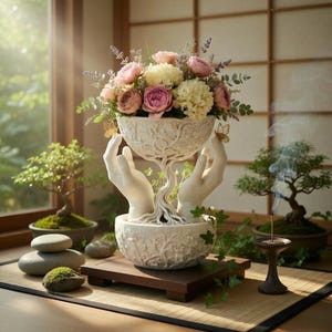 May include: A white ceramic flower vase in the shape of hands holding a bowl of pink and white flowers. The vase is on a wooden stand, with bonsai trees and stones in the background. A stick of incense is burning.