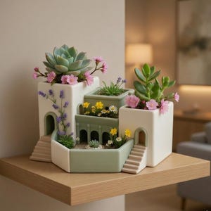 May include: A multi-level ceramic planter in a Mediterranean style, with steps and arches. It's filled with succulents and flowers in green, pink, and yellow. The planter is on a light wood shelf.