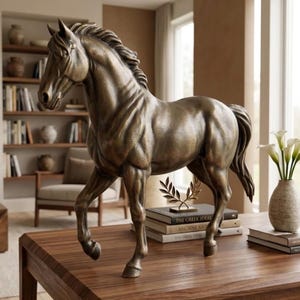 May include: A bronze-toned horse sculpture standing in a dynamic pose with one front leg raised. The figure features a textured mane and tail, smooth muscular detailing, and a polished finish, capturing the animal in a lifelike, alert stance.