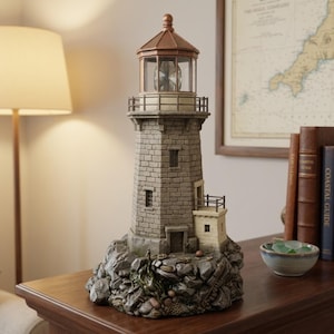 May include: A decorative lighthouse figurine featuring a gray stone-textured tower, a copper-colored roof, and a small attached building. The structure sits on a rocky base with detailed textures, including a lantern room with a clear glass lens.