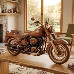Puede incluir: Un modelo detallado de madera de una motocicleta con acabado de veta de madera marrón, asiento texturizado, ruedas de radios y tubos de escape negros. La motocicleta incluye un faro redondo, manillar y un tanque con un emblema tallado.
