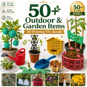 Puede incluir: Una colección de artículos de jardín y exteriores impresos en 3D, que incluyen una regadera roja, una pala azul y un hotel para abejas amarillo. La imagen también presenta un pequeño árbol con bolas decorativas verdes y azules, y una planta de tomate.