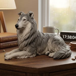 May include: A grey and white collie dog figurine in a lying position with long, detailed fur, pointed ears, and a black nose. The sculpture features realistic shading and texture, capturing the alert expression and posture of the canine breed.