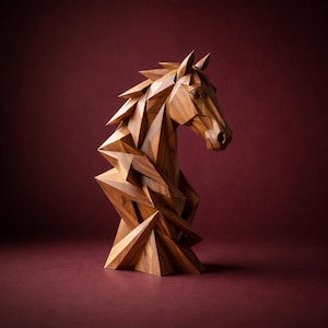 May include: A geometric wooden sculpture of a horse's head and upper body. The sculpture is made of light brown wood and has a faceted, angular design. The background is a deep red color.