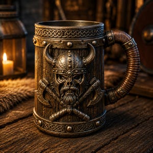 Pode incluir: Uma caneca cilíndrica castanha com um relevo de um crânio de guerreiro com chifres e dois machados cruzados na frente. A caneca tem uma textura de madeira, uma pega entrançada e padrões de nós celtas decorativos nas bordas superior e inferior.