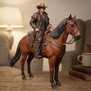 Cowboy på häst STL-fil | Western Rider-staty STL | Cowboyhästfigur 3D-utskriftsmodell | Vilda västern samlarobjekt STL | Kommersiellt bruk