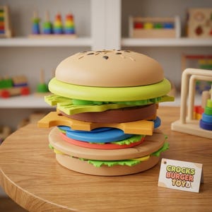 May include: A stackable toy burger featuring a tan bun with dark spots, a light green lettuce layer, a brown patty, a yellow cheese slice, a blue circular piece, and a red tomato slice. A small white sign reads CROCKS BURGER TOY.