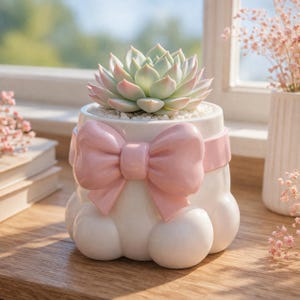 Peut inclure: Un pot de fleurs en céramique blanche avec un grand nœud rose, contenant une plante succulente. La succulente a des feuilles vert pâle et roses. Le pot a une forme arrondie avec trois pieds sphériques. L'arrière-plan montre une fenêtre et d'autres éléments décoratifs.
