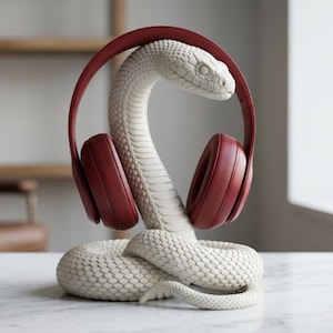 Può includere: Una scultura di serpente color crema, testurizzata e avvolta in una base circolare con il collo eretto. Il serpente funge da supporto per un paio di cuffie over-ear rosso scuro che poggiano saldamente sulla testa e sulla zona del collo.