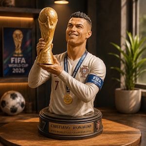 May include: A bust of Cristiano Ronaldo wearing a white long-sleeve jersey with a Portugal crest, a FIFA World Cup armband, and a gold medal. The figure holds a gold FIFA World Cup trophy above its head. The base features the text Cristiano Ronaldo FIFA World Cup Champion 2026.