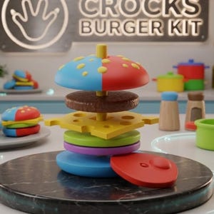 May include: A wooden toy burger stacking set labeled CROCKS BURGER KIT. The toy features a central yellow post with stackable components including a two-toned blue and red bun with yellow dots, a brown patty, a yellow cheese slice, and green and purple layers.