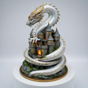 May include: A fantasy figurine of a white dragon coiled around a gray castle with lit windows. The dragon has gold accents on its head and is perched atop a mossy base. The castle has multiple towers.