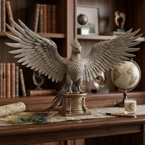 May include: A bronze-toned phoenix statue with wings fully extended, perched on a rectangular pedestal base featuring the engraved text PHOENIX ASCENDING. The sculpture displays intricate feather detailing and a sharp, focused gaze.