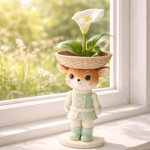 Puede incluir: Una caprichosa figura de ciervo con una cesta tejida en la cabeza, sosteniendo un lirio de cala blanco y hojas verdes. El ciervo viste un atuendo verde menta con una falda y botas color crema. La figura está sobre una base redonda color crema.