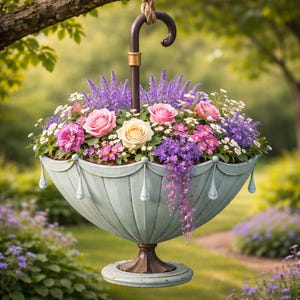 May include: A hanging umbrella-shaped planter filled with a variety of colorful flowers. The planter is light blue with decorative accents and is suspended from a tree branch. The flowers include pink, purple, and white blooms.
