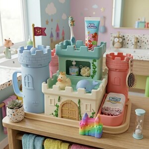 May include: A multi-piece bathroom organiser set shaped like a castle, featuring a light blue tower with a flag, a central mint green structure holding a toothbrush and toothpaste, a pink tower, a yellow rubber duck, a blue whale, and a towel.