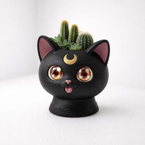 Könnte beinhalten: Schwarzer Katzen-Blumentopf mit goldenem Halbmond und großen, ausdrucksstarken Augen. Der Topf ist mit kleinen Kakteen und Sukkulenten gefüllt. Die Ohren und die Innenseiten der Ohren der Katze sind rosa.