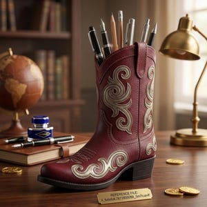 Pennhållare för cowboystövlar i STL | Skrivbordsorganisatör för vilda västern 3D-modell | Pennkopp för västerländsk stövel i STL | Digital nedladdningsbar retro-kontorspresent