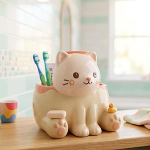 Cute Cat Bathroom Organizer STL | Cat Toothbrush Holder STL | Kitty Soap Dish & Toothpaste Organizer, 3D Printable Bathroom Decor, Comercial