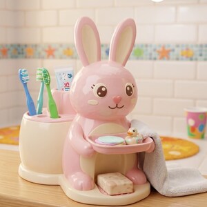 May include: A pink rabbit-shaped bathroom organiser featuring a toothbrush holder with three toothbrushes and a tube of toothpaste, a small tray holding a rubber duck and circular pads, and a lower compartment containing a bar of soap.