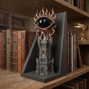 May include: A dark gray bookend featuring a detailed stone-like tower topped with a large, glossy black eye surrounded by copper-colored flames. The structure is angular with a flat base and a vertical support panel, designed to hold books upright.