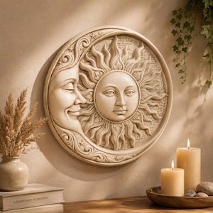 May include: A circular wall plaque featuring a relief carving of a sun and a crescent moon with human faces. The sun is centered with radiating wavy rays, while the crescent moon curves along the left side. The piece has a light beige, stone-like finish.
