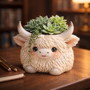 Pode incluir: Um vaso de plantas caprichoso em forma de vaca Highland creme, com uma textura fofa, olhos grandes e bochechas rosadas. O vaso é preenchido com suculentas verdes e plantas penduradas. Detalhes decorativos incluem chifres pintados e detalhes florais.
