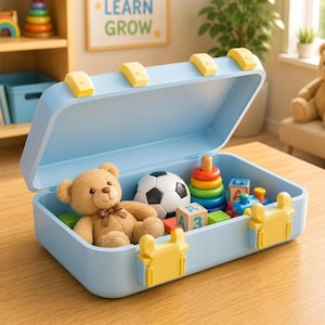 May include: A light blue toy storage case with yellow latches, containing a tan teddy bear, a black and white football, a multi-coloured stacking ring toy, a blue toy train, and wooden alphabet blocks with the letters A and R visible.