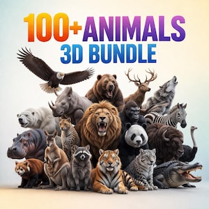 Puede incluir: Ilustración digital que presenta un conjunto de animales en 3D. La imagen muestra una variedad de animales, como un oso, un león, un águila, una cebra y un tigre. El texto "100+ ANIMALS 3D BUNDLE" aparece en naranja, morado y azul.