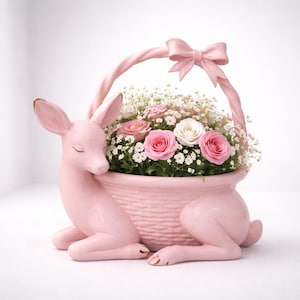 Macetero tipo cesta con forma de ciervo rosa, soporte para flores tejido con forma de ciervo, decoración para guardería imprimible en 3D