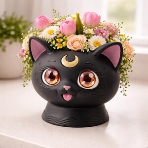 Svart kattplanter i STL | Söt katt-suckulentplanter i STL | Månkatt-kruka i STL | Kawaii kattplanter i STL | Dekorativ djurplanter i STL