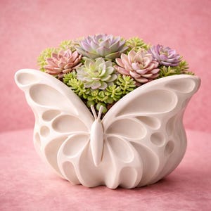 May include: A cream butterfly-shaped planter filled with succulents in green, pink, and purple. The planter has detailed wings and a butterfly body. The background is a soft pink. The planter is likely made of ceramic.