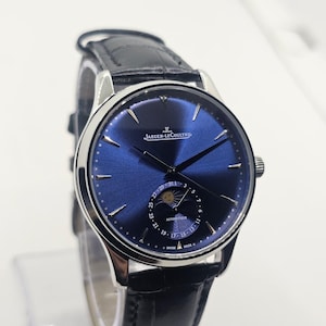 Montre-bracelet Jaeger-LeCoultre Master Ultra Thin Moon automatique vintage, cadran bleu, bracelet en cuir noir, pour homme. Livraison gratuite.