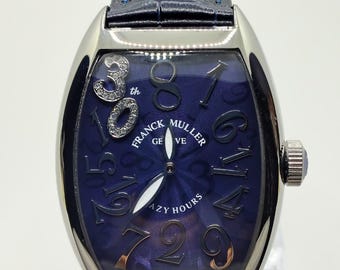 Vintage Franck Muller Cintree Curvex Crazy Hours Blue Dial Blue Leather Strap Men's Wrist Watch