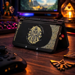 May include: Black handheld gaming console with gold accents and a stylized emblem. The console is open, revealing the screen and buttons. A controller and other accessories are visible on the wooden surface.