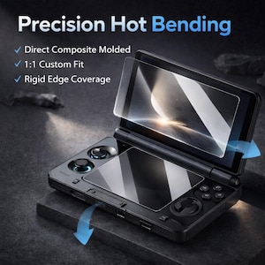 May include: A black handheld gaming device with a screen protector applied. The device has buttons, joysticks, and the text "Precision Hot Bending", "Direct Composite Molded", "1:1 Custom Fit", and "Rigid Edge Coverage".
