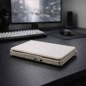 Op de afbeelding: Lichtbeige draagbare gameconsole met een getextureerd oppervlak, liggend op een zwart bureau. De console heeft knoppen, een koptelefoonaansluiting en een TF-kaartsleuf. Een toetsenbord, monitor en muis staan op de achtergrond.