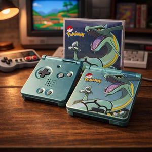 Puede incluir: Dos consolas Game Boy Advance SP de color turquesa con un diseño de Pokémon que presenta un dragón verde. Una funda de cartucho de juego a juego está detrás de ellas. Las consolas están sobre una superficie de madera, con un televisor retro y un controlador en el fondo.