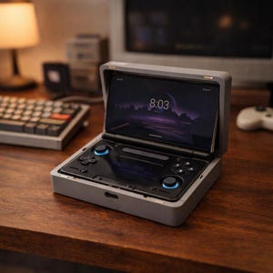 Puede incluir: Un dispositivo de juego portátil gris con una pantalla que muestra un paisaje y la hora 8:03. El dispositivo tiene un controlador incorporado con detalles en azul y está abierto sobre una superficie de madera. Un teclado y una lámpara están en el fondo.