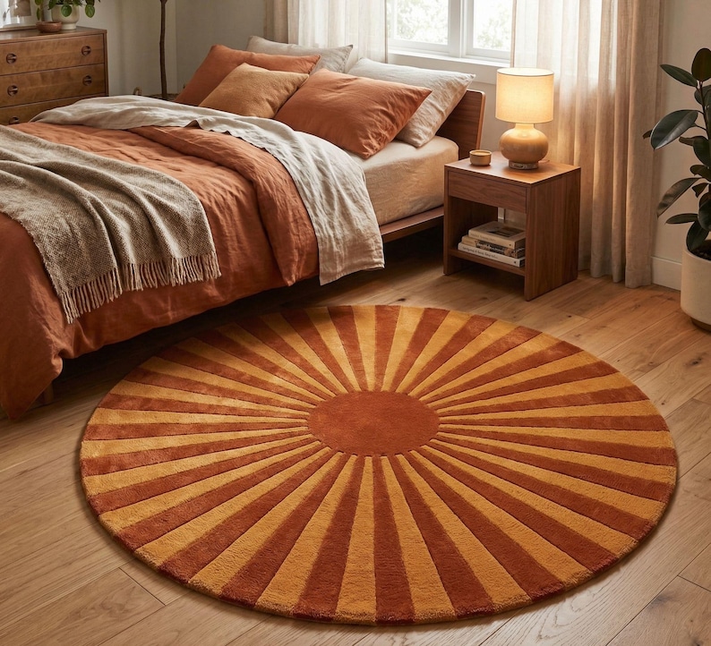 and indoor plant complement the cozy and elegant atmosphere. This round rug acts as a statement centerpiece, perfect for boho,