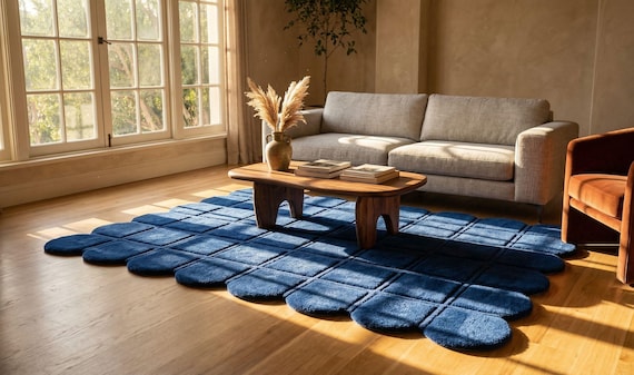 Hand Tufted Blue Area Rug, Modern Scalloped Rug, Luxury Wool Living Room Rug, Minimalist Designer Carpet, Custom Size Rug